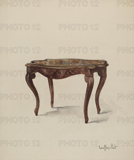 Marquetry Table, Showing Style, c. 1937. Creator: Geoffrey Holt.