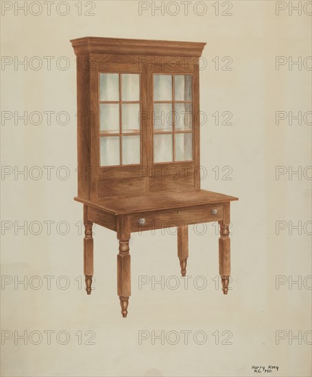 Walnut Desk and Bookcase, c. 1941. Creator: Harry King.