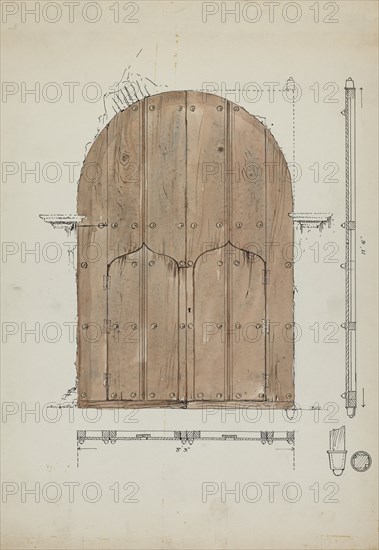 Restoration Drawing of Original "Needle's Eye"Doors, Formerly Main Entrance Doors of, c. 1936. Creator: Geoffrey Holt.