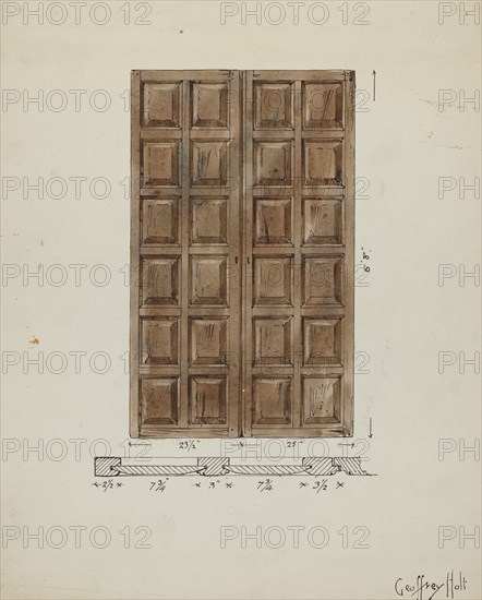 Old Paneled Doors: Main Entrance to Monastery, c. 1936. Creator: Geoffrey Holt.