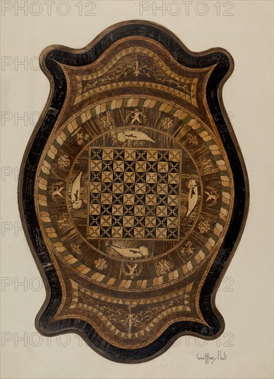 Marquetry Table: Showing Inlay Top, 1937. Creator: Geoffrey Holt.