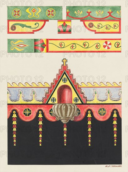 Wall and Ceiling Decorations, and Holy Water Font; Restoration Drawing, 1936. Creator: Randolph F Miller.