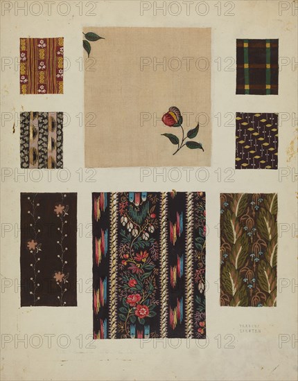 Materials from Patchwork Bedspread, c. 1936. Creator: Frances Lichten.