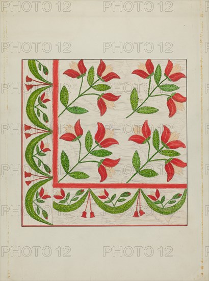 Quilt - Appliqued in Bellflower Design, c. 1937. Creator: Margaret Linsley.