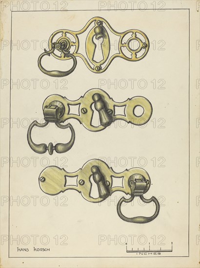 Three Door Handles, 1935/1942. Creator: Hans Korsch.