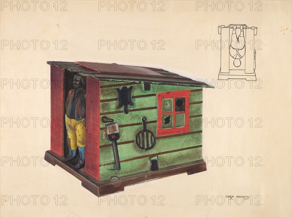 Toy bank: Man in a Cabin, c. 1937. Creator: Chris Makrenos.