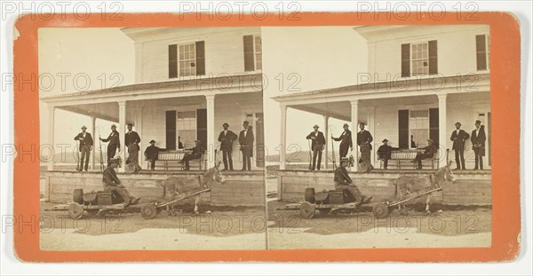Untitled [Men on the porch of a house, with donkey cart], 1875/99.  Creator: Unknown.