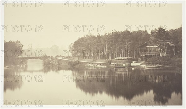 Untitled, c. 1850. [Bridge and chalet in the Bois de Boulogne, a park in Paris].  Creator: Charles Marville.