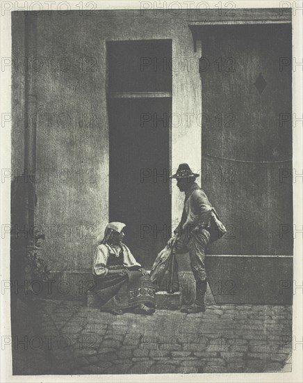Pifferaro debout et paysanne Italienne assise,...21 Quai Bourbon, c. 1855, printed 1982. Creator: Charles Nègre.