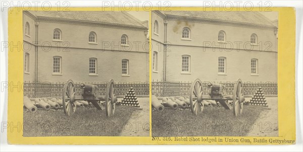 Rebel Shot lodged in Union Gun, Battle Gettysburg, 1855/75. Creators: Kilburn Brothers, BW Kilburn.