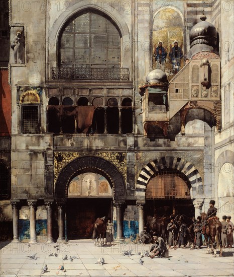 Circassian Cavalry Awaiting their Commanding Officer at the Door of a Byzantine Monument... Creator: Alberto Pasini.