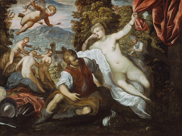 Venus and Mars with Cupid and the Three Graces in a Landscape, 1590/95. Creators: Domenico Tintoretto, Jacopo Tintoretto, Workshop of Tintoretto.
