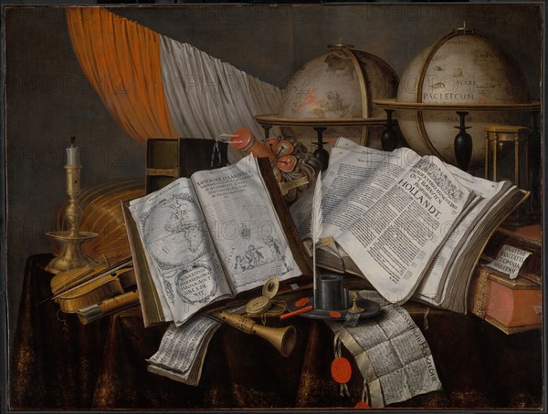 A Vanitas Still Life with a Flag, Candlestick, Musical Instruments, Books, Writing Paraphernalia... Creator: Edwaert Collier.