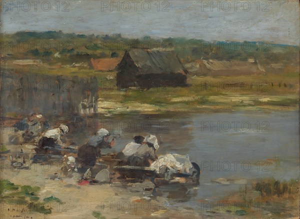 Washerwomen at the Edge of the Pond, 1880/85. Creator: Eugene Louis Boudin.