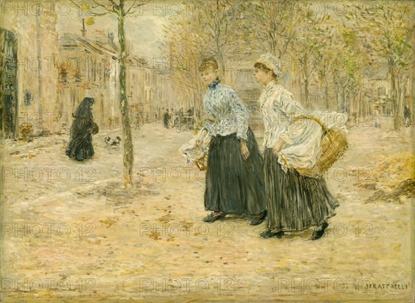 Two Washerwomen Crossing a Small Park in Paris, c. 1890. Creator: Jean Francois Raffaelli.