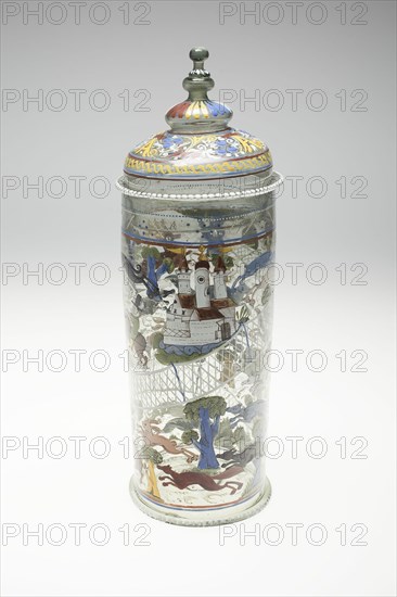 Beaker with Cover (Humpen) with Hunting Scenes, Bohemia, 1550/1600. Creator: Bohemia Glass.