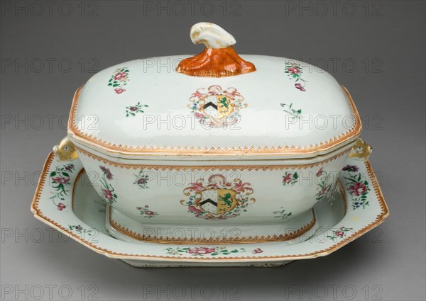 Covered Tureen and Stand with the Arms of French Impaling Sutton, China, c. 1765. Creator: Jingdezhen Porcelain.