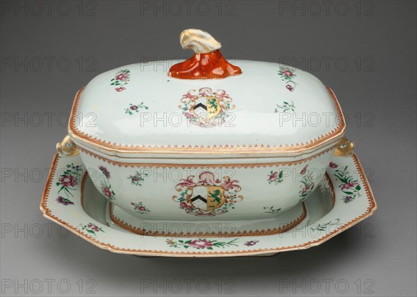 Covered Tureen and Stand with the Arms of French Impaling Sutton, China, c. 1765. Creator: Jingdezhen Porcelain.