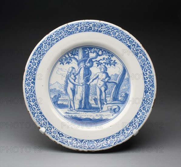 Plate depicting Adam and Eve, Delft, c. 1650/60. Creator: Delftware.