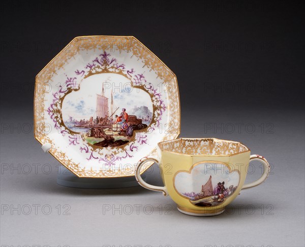 Two-handled Cup and Saucer, Meissen, c. 1735. Creator: Meissen Porcelain.