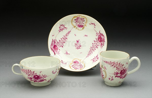 Teacup, Coffee Cup, and Saucer, Worcester, c. 1770. Creator: Royal Worcester.