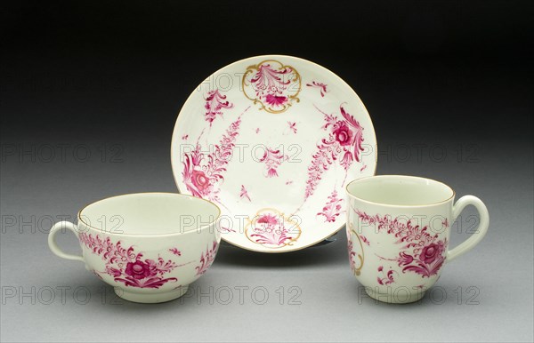 Teacup, Coffee Cup, and Saucer, Worcester, c. 1770. Creator: Royal Worcester.