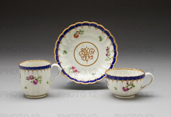 Teacup, Coffee Cup, and Saucer, Worcester, 1775/80. Creator: Royal Worcester.