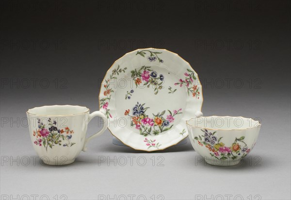 Tea Bowl, Coffee Cup, and Saucer, Worcester, c. 1765. Creator: Royal Worcester.