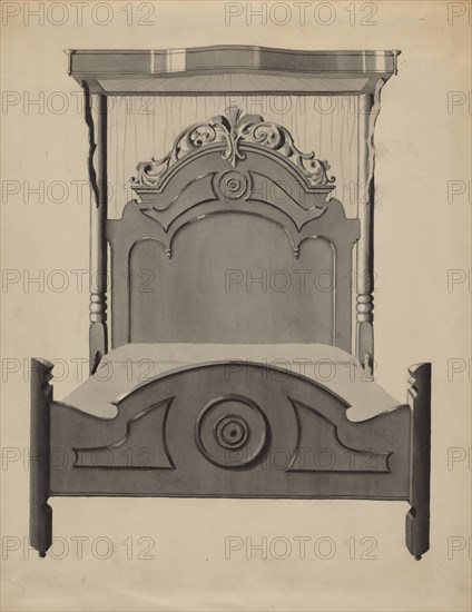 Half-canopy Carved Bed, c. 1936. Creator: Dorothy Posten.