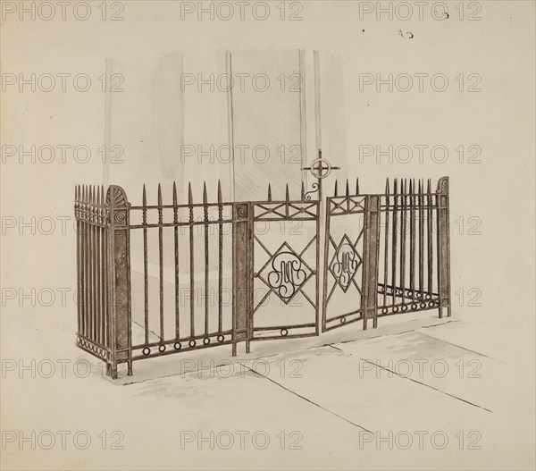 Iron Gate and Fence, c. 1937. Creator: Ray Price.