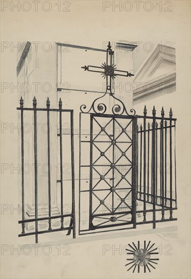 Iron Gate and Fence, c. 1936. Creator: Ray Price.