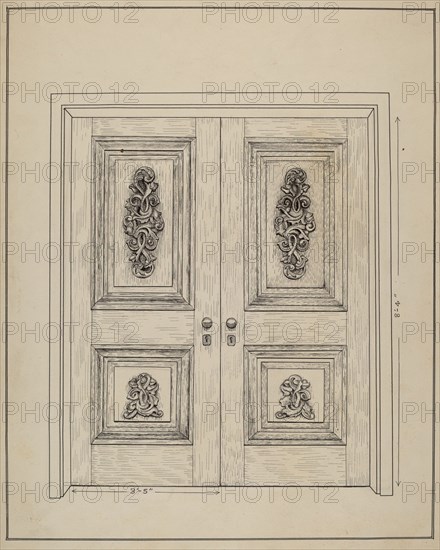 Carved Wooden Door, c. 1936. Creator: Ray Price.