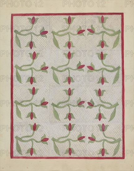 Tulip Pattern Quilt, c. 1937. Creator: Mabel Ritter.