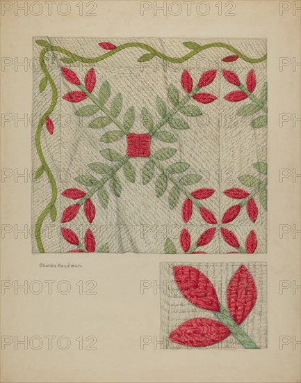 Quilt (Red and Green Leaves), c. 1941. Creator: Charles Roadman.