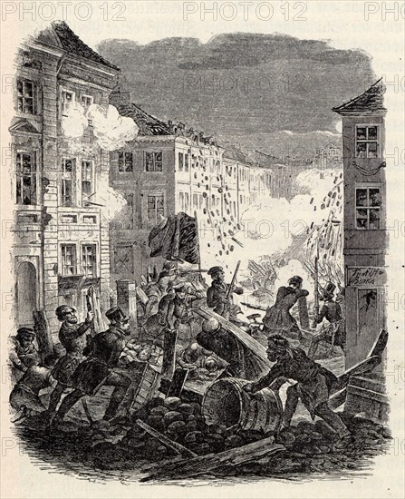Barricade fighting at the Cölln Townhall in Berlin on the night of 18 to 19 March 1848. Creator: Kretschmer, Robert (1818-1872).