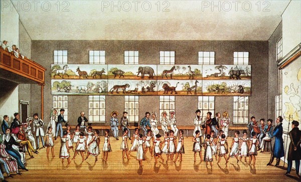 Dancing Lesson at the Robert Owen's Foundation New Lanark, 1823. Creator: Anonymous.