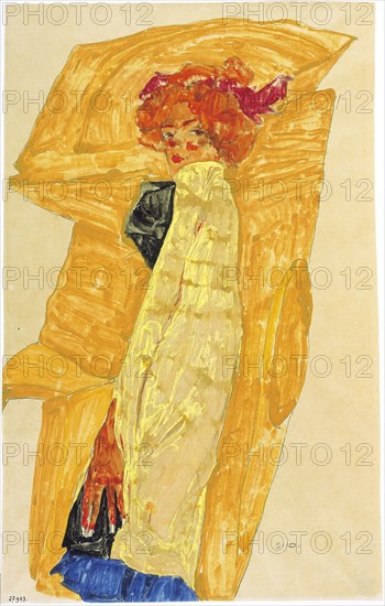 Gerti in front of Ochre-Colored Drapery, 1910. Creator: Schiele, Egon (1890-1918).