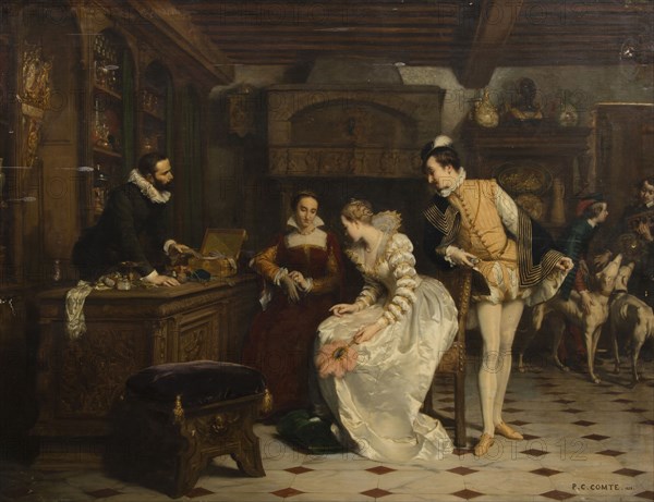 Jeanne d'Albret Buying Poisoned Gloves from Catherine de Medici's Parfumeur..., 1852-1858. Creator: Comte, Pierre Charles (1823-1895).