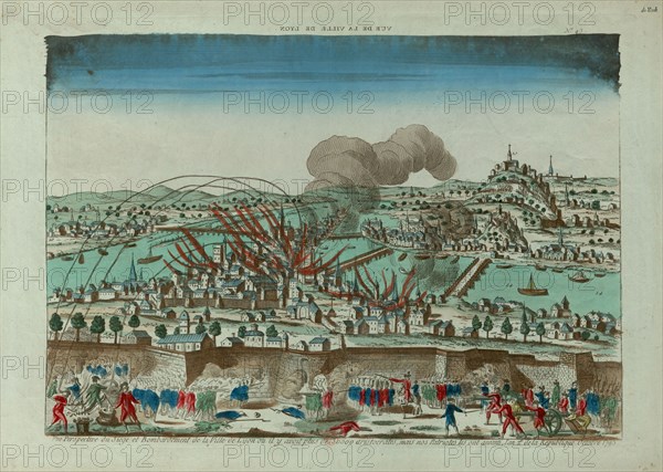 Perspective view of the Siege and Bombardment of the City of Lyon in October 1793, c. 1793. Creator: Anonymous.