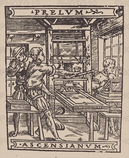 Prelum Ascensianum: printer's device with the printing press at work, First quarter of 16th cen. Creator: Anonymous.