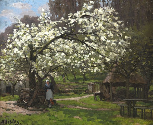 Printemps, paysanne sous les arbres en fleurs (Spring, peasant woman under..., ca. 1865. Creator: Sisley, Alfred (1839-1899).