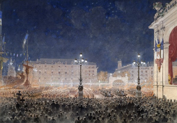 Torchlight retreat on Place de l'Hotel de Ville. Franco-Russian celebrations, October 1893, 1893. Creator: Hoffbauer, Feodor (Fédor) (1839-1922).