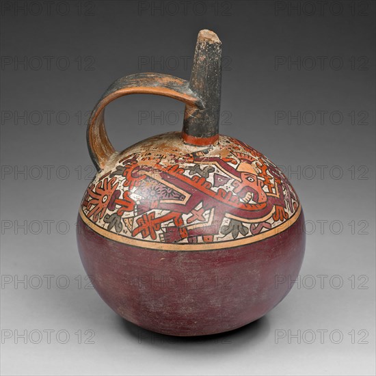 Jar with Strap Handle Depicting Abstract Figure, Possibly a Monkey, with Plants, A.D. 600/1000. Creator: Unknown.