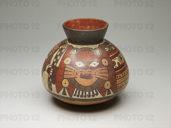 Collared Jar Depicting Costumed Ritual Performer Holding Checkerboard Staff, 180 B.C./A.D. 500. Creator: Unknown.