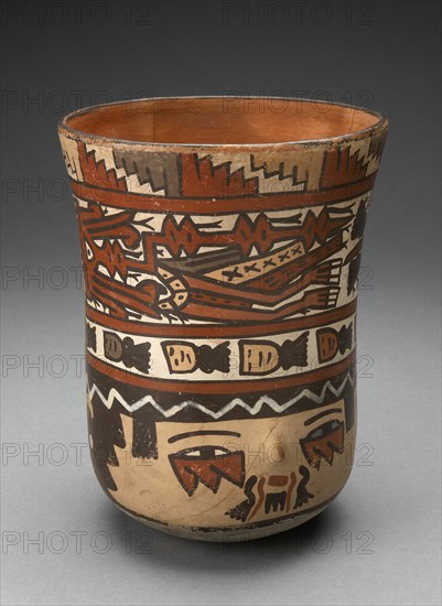 Beaker Depicting Human Head with Face Painting; and Abstract Costumed Figures, 180 B.C./A.D. 500. Creator: Unknown.