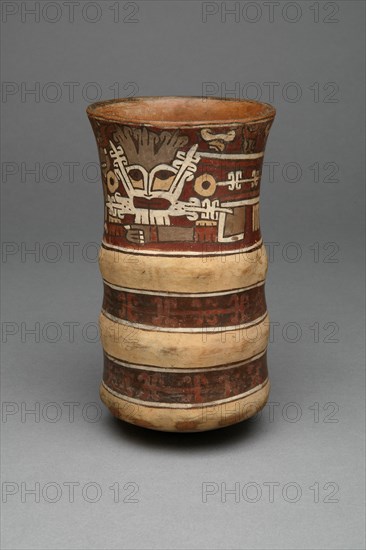 Beaker with Molded Horizontal Bands, Depicting a Masked Ritual Performer, 180 B.C./A.D. 500. Creator: Unknown.