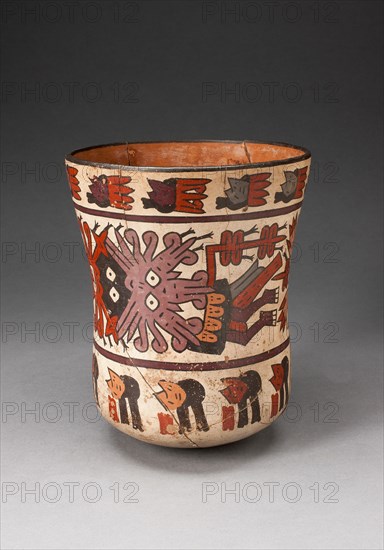 Beaker Depicting Costumed Ritual Performer with Abstract Trophy Heads, 180 B.C./A.D. 500. Creator: Unknown.