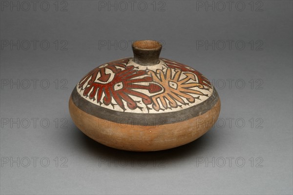 Low Jar with Small Spout Depicting a Repeated Abstract Star or Face Motif, 180 B.C./A.D. 500. Creator: Unknown.