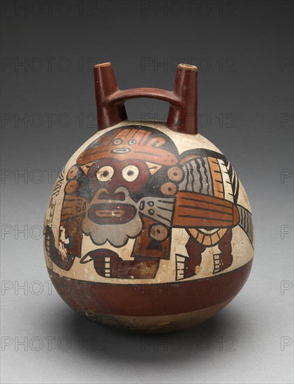 Double Spout Vessel Depicting Costumed Figure with Bird Attributes, Holding a Staff, 180 B.C./A.D. 5 Creator: Unknown.