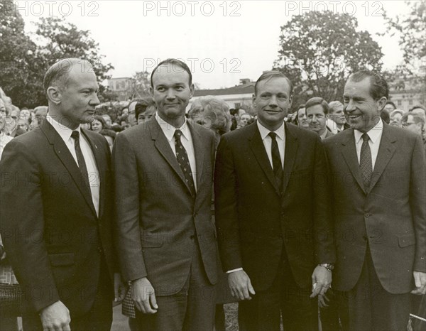 President Nixon meets the Apollo 11 astronauts on the lawn of the White House. Creator: Unknown.